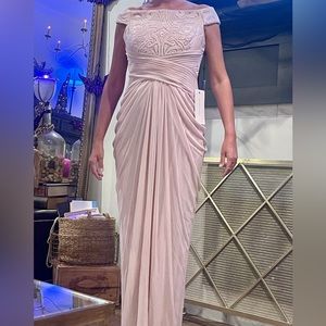 Adrianna Papell Off Shoulder Sequin and chiffon Blush pink NWT Gown formal